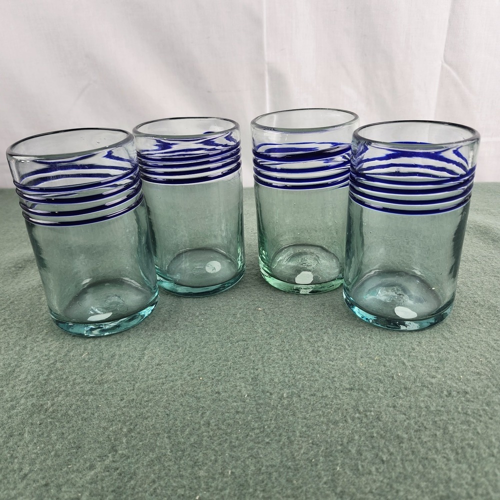 Blue &‎ Clear Swirl Mexican Glasses Tumblers  4 Cobalt  Hand Blown Spiral